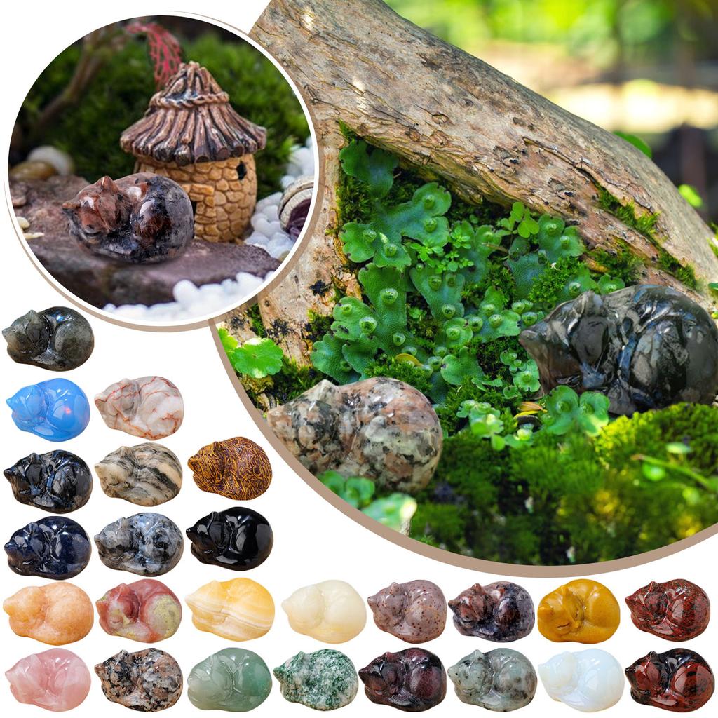 Natural Quartz Crystal Sleeping Cat Decoration, Miniature Garden Ornaments, Meditation Cat Crystals Statue Decoration For Desk / Home / Flower Pot