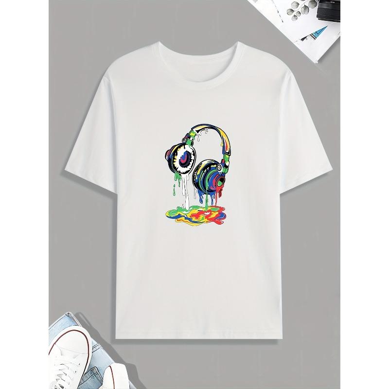European Size Headset Dripping Color Paint Print T Shirt, Tees For Men, Casual Short Sleeve Tshirt For Summer Spring Fall, Tops As Gifts