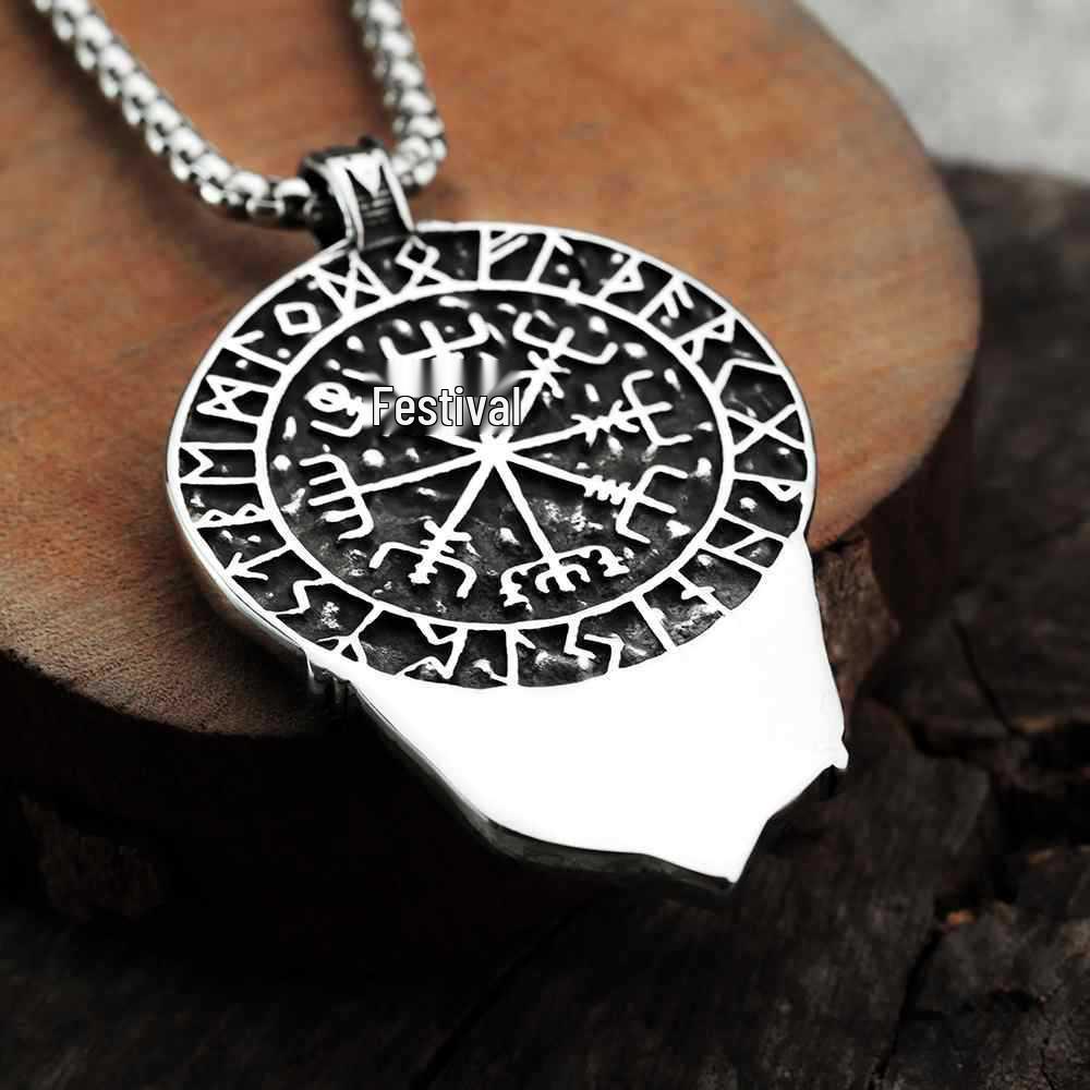 Nordic Stainless Steel Viking Rune Necklace with Celtic Wolf and Raven Design