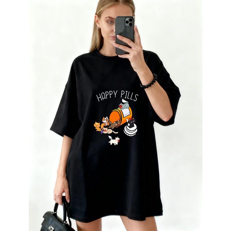 Oversized T Shirt Black Happy Pills Cartoon Pills And Cats Print Casual Wear For Women Streetwear Fashion Summer Outfit
