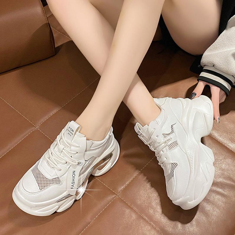 Summer Spring Women Lace-up Chunky Sneakers White Black 8CM High Platform Leather Shoes Breathable Casual Sport Dad Shoes
