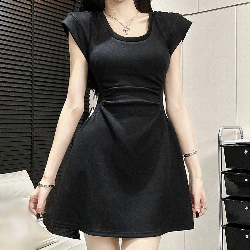 

2026 Summer Fashion: French Round Neck Short Sleeve High Waist Slimming Dress S up to 47.5 kg чорний