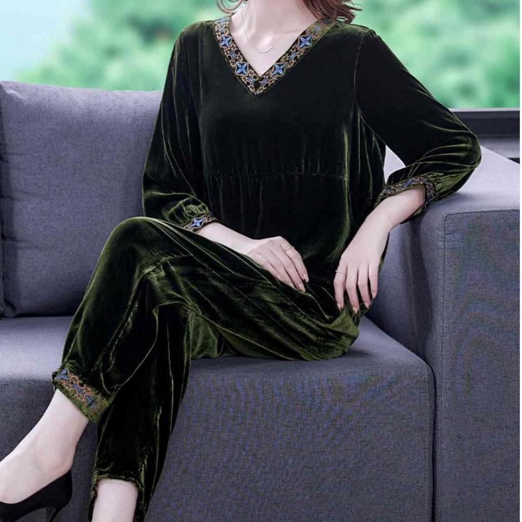2pcs Pants Suits Autumn Retro Women's V Neck Plus-size Velvet Blouse High-waist Velvet Harem Pants Two-piece Set
