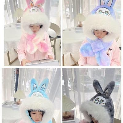 All-in-One Cartoon Embroidery Hat, Scarf & Gloves for Kids - Windproof & Warm with Ear Protection for Autumn & Winter.