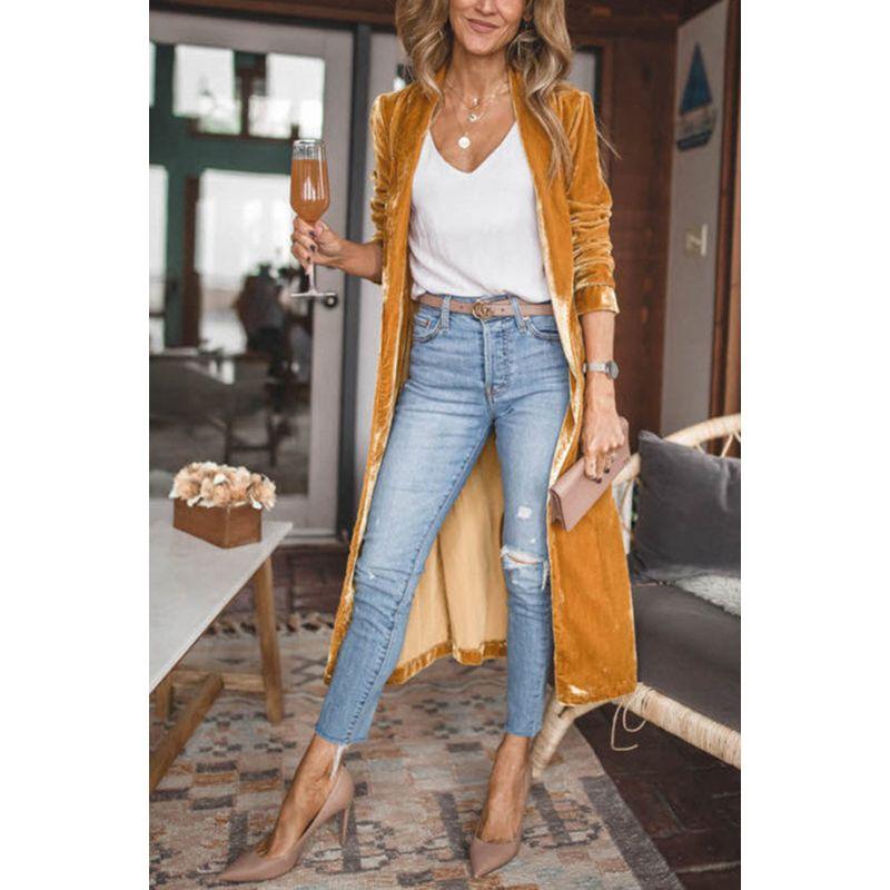 Fashion Loose Gold Velvet Stretch Mid Length Trench Coat