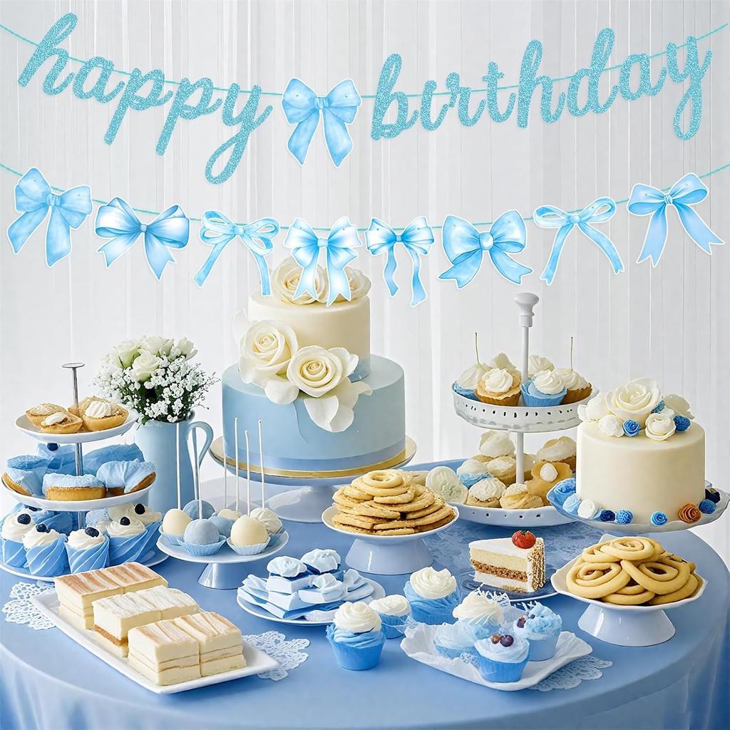 Blue Bow Happy Birthday Banner with Bow Garland for Baby Shower Girls Women Blue Bow Themed Coquette Birthday Party Decorations
