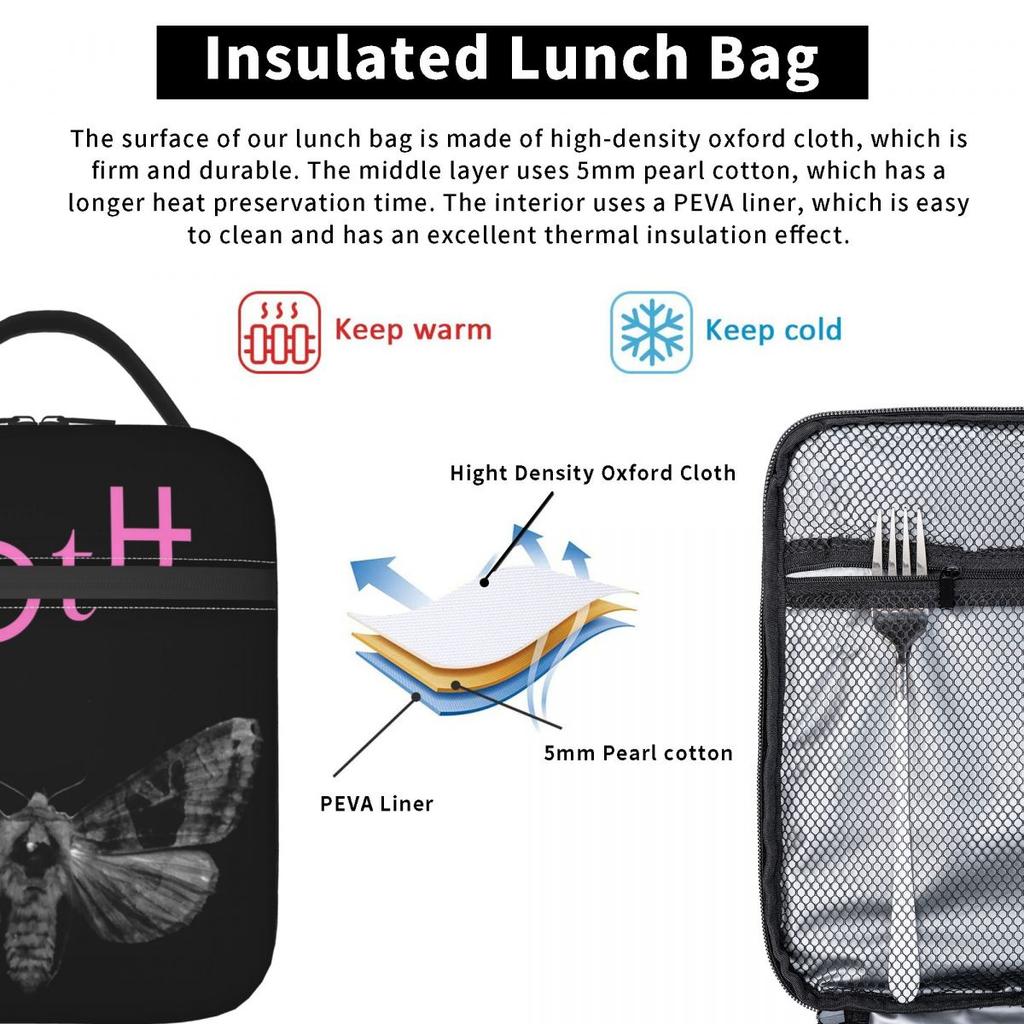 GothMoth Themed Artwork Print Insulated Lunch Bag for Women Kids Leakproof Food Boxes Thermal Lunch Box Tote