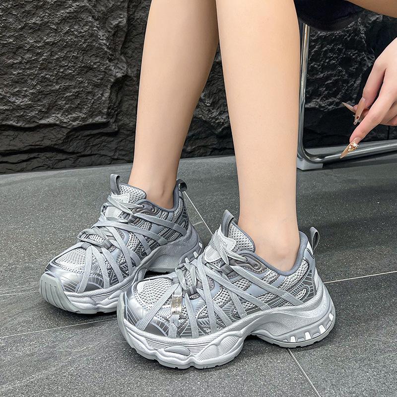 Yueyu Strap Platform Dad Shoes Women's 2025 Autumn New Leather Muffin Women's Net Shoes Lace-up Casual Sports Shoes