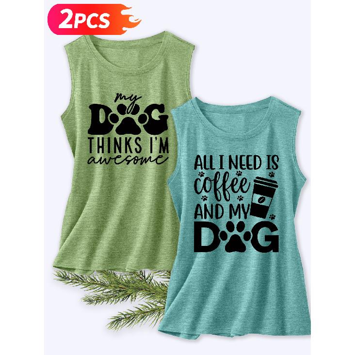 Follow a Specific Direction Two-piece Women's Sleeveless Vest with Vintage Print Summer Casual Wear Dog Coffee Fun Cute Essential Fashion Items for