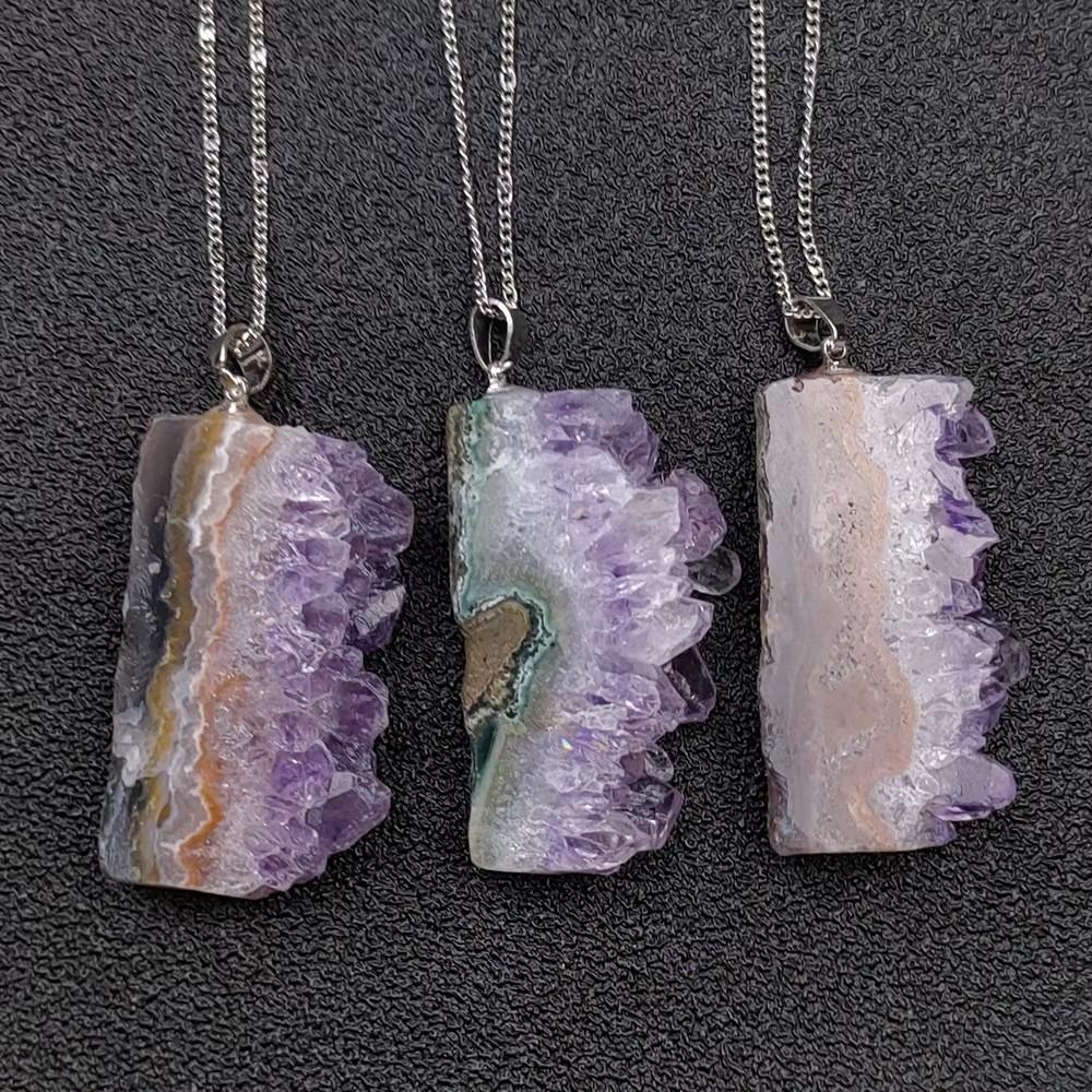 Purple Crystal Quartz Mineral Slice Cluster Pendant Necklace Amethyst Druzy Pendant