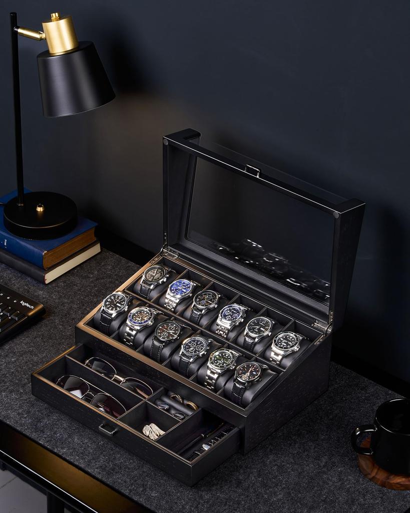 ProCase Wooden Watch Case, Holds 12 Watches, 2-Tier Watch Box, Jewelry Organizer for Men, Display Storage Case with Glass Lid - Black