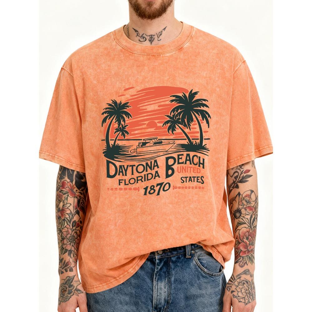 Daytona Florida Beach Print Man Clothes Cotton Breathable Washed T-Shirts Summer Casual Short Sleeve Shirts