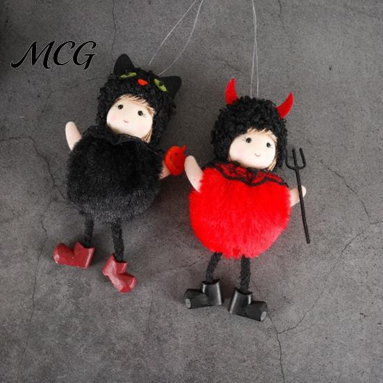 Halloween Plush Witch Doll Hanging with Lanyard, Cute Furry Pom Door Decor Ball Ornament for Doors Windows Trees Party Lace Details