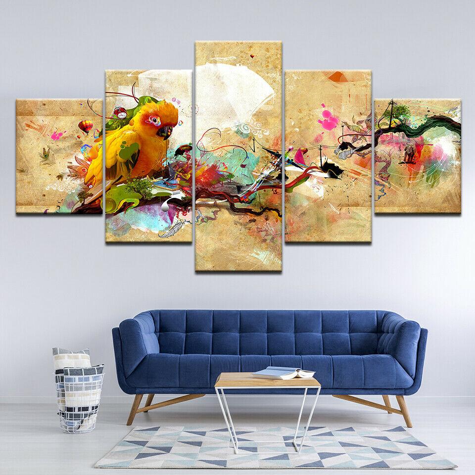 Abstract Chinese Style Magpie Bird 5 Piece Canvas Picture Print Wall Art Canvas Painting Wall Decor for Living Room No Frame