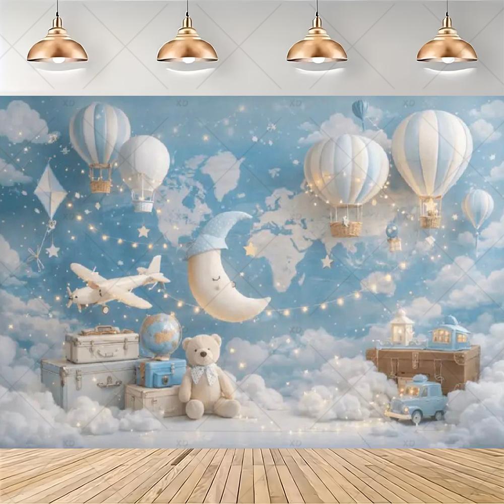 Teddy Bear Hot Air Balloon Backdrop Banner Newborn 1st Birthday Party Decoration Background Baby Shower Photography Studio Props