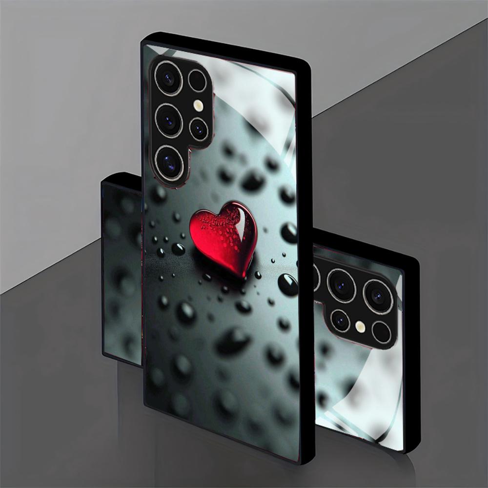 Raindrops and Hearts  glass Phone Case For Samsung Galaxy S26 S25 S24 S22 S23 Ultra S21 S20 Plus 5G  Non-Slip Full Cover