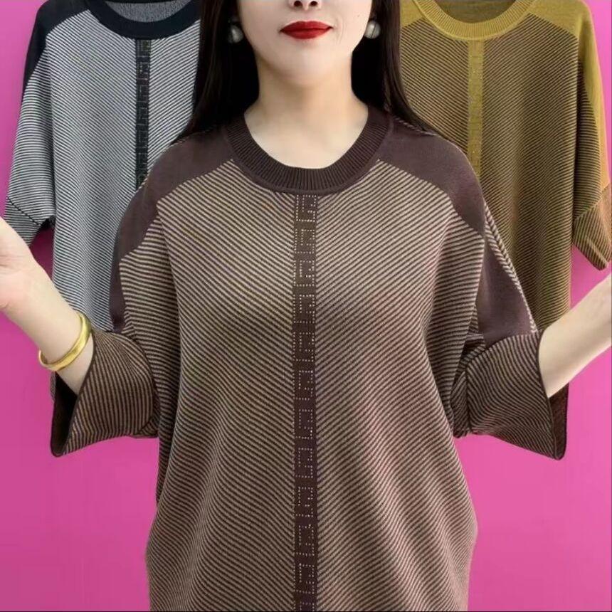 Knitted Sweater Patchwork Seven Point Casual 2025 Versatile New Item In Large Size with Loose Stripes