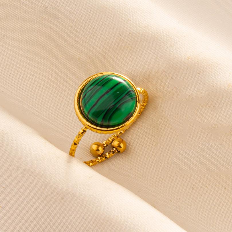 Green Striped Stone Vintage Gold Color Stainless Steel Open Adjustable Rings For Women Men Accessories Finger Jewelry Sun Flower