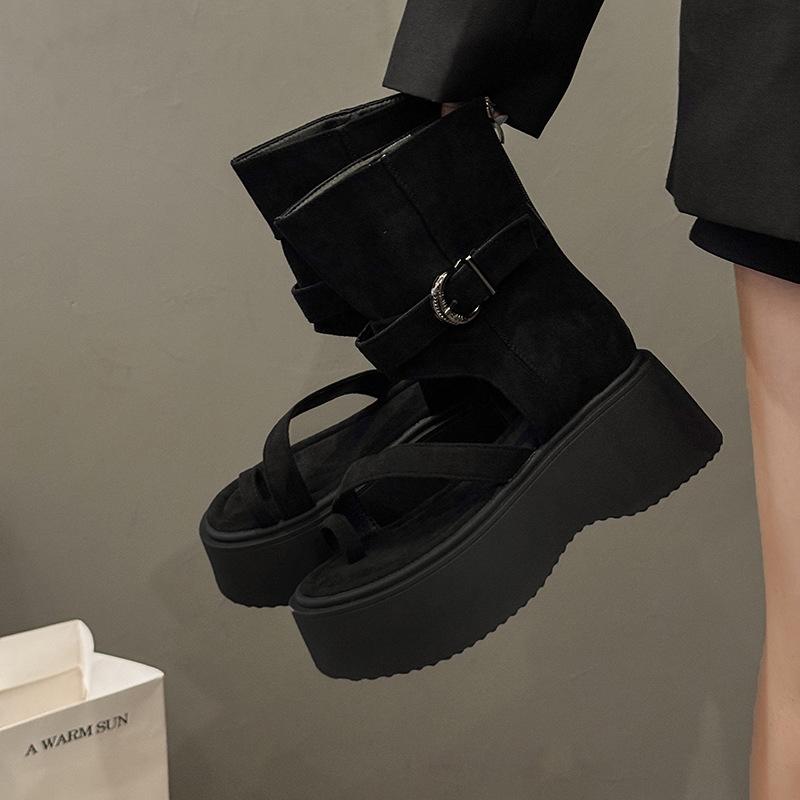 Bottes cool rétro à semelles épaisses pour femmes 2025 été nouvelle mode sandales bout couvert bottines courtes à fermeture éclair