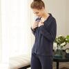Revers Strickjacke Hose Pyjama Set Herbst Reine Baumwolle Marineblau Pyjamas Lockere Passform Lässige Homewear Damen Pyjamas