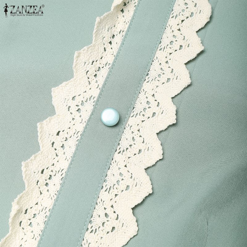 ZANZEA Damen Elegantes Spitze Patchwork Lässiges Stehkragen Ausgestelltes Langes Ärmel Lockeres Kleid