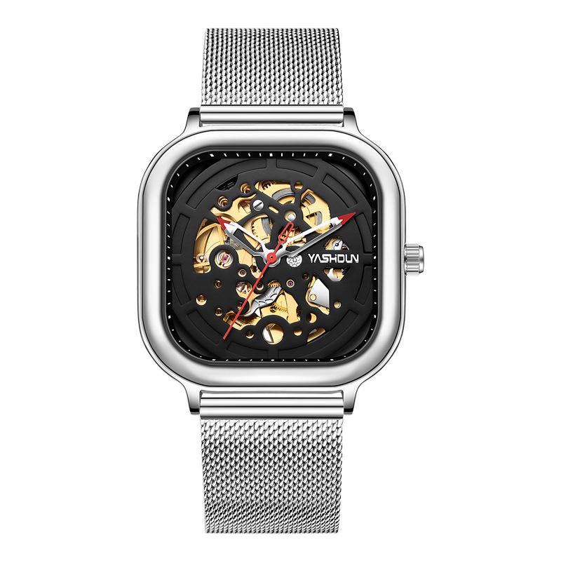 Brand Men s Square Skeleton Mechanical Waterproof Steel Strap Watch - Douyin Internet Celebrity Bestseller