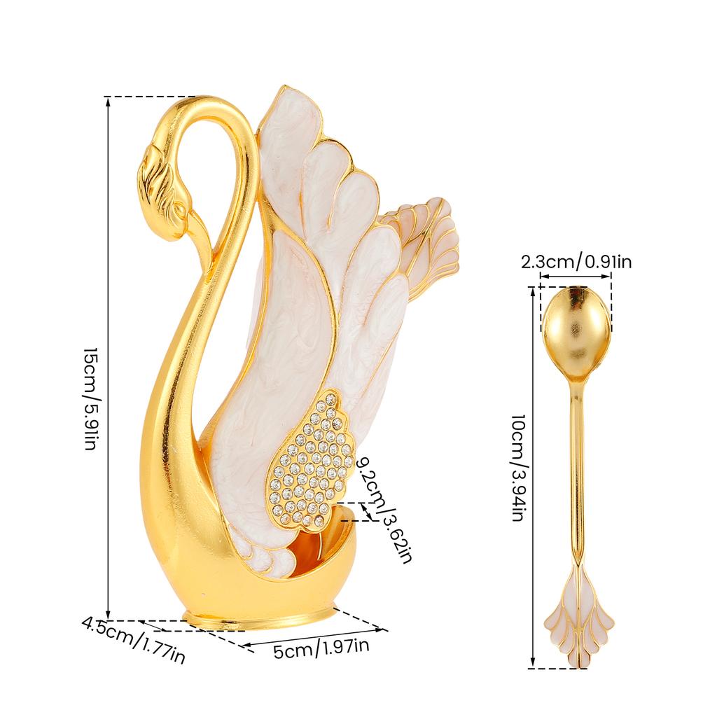 Set de linguri de cafea 6 buc. cu 1 suport pentru lingura in forma de lebada, aliaj de zinc, baza de lebada, organizator de linguri elegante pentru fructe/desert lebada tacamuri