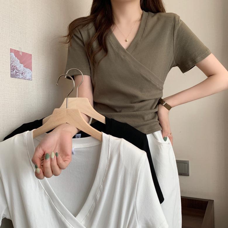 GMXIA Cross V-neck Short-sleeved T-shirt Women Summer Design Sense Slim Thin Short Slim Tops