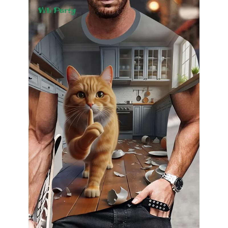 Nuova T-shirt con Stampa Gatto 3D Estate Outdoor Uomo Manica Corta Moda Girocollo Top Uomo Casual Oversize Abbigliamento Uomo