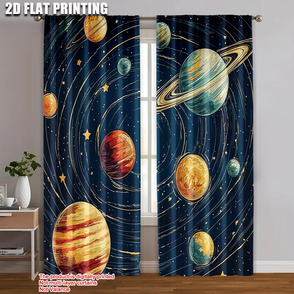 

Набор из 2 плоских печатных оконных штор Планеты Звезды Галактика Небесные Прочные Полиэстеровые Ткани Без Электричества Праздничные Шторы W100*H70(CM)-Hooks&1PCS