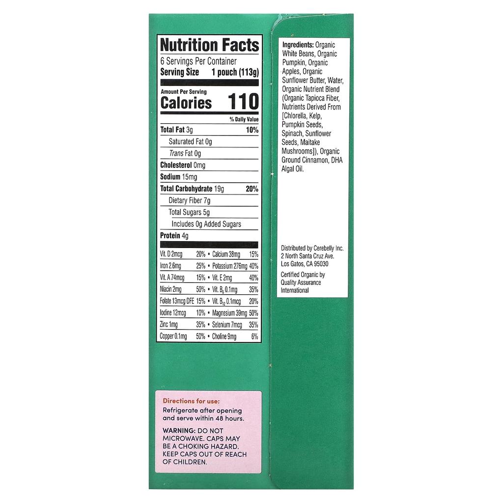 Cerebelly Organic Baby Puree, White Beans, Pumpkin, Apples with Cinnamon, 6 Pouches, 4 Oz (113 G) Each