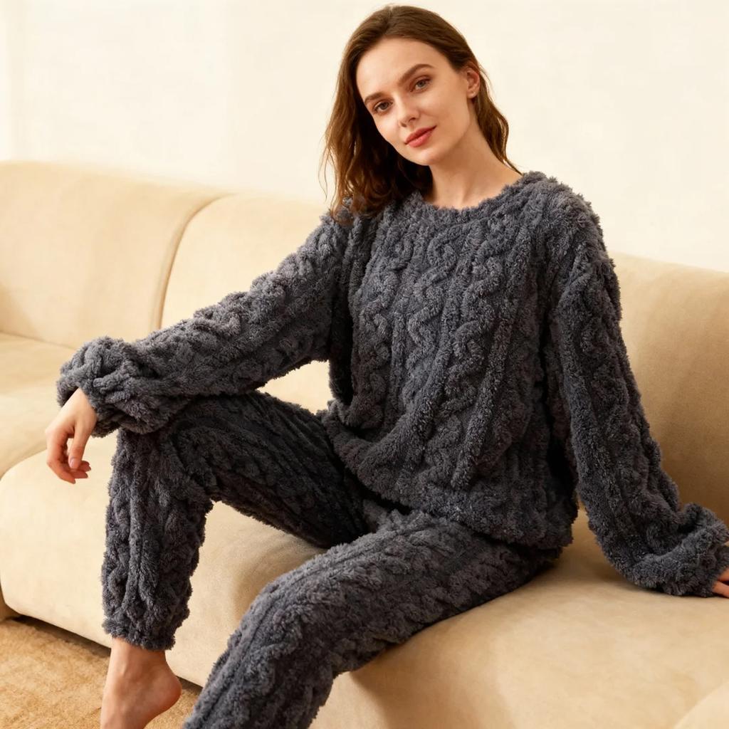 Autumn Women Solid Warm 2 Piece Sets Thicken Velvet Ribbed Fleece Set Pullover and Pants Women Casual Pajama Sets