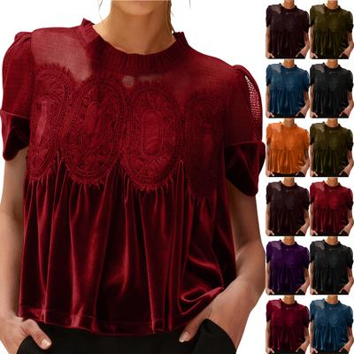 Women's Solid Color Gold Velvet Short Sleeved Round Neck Top