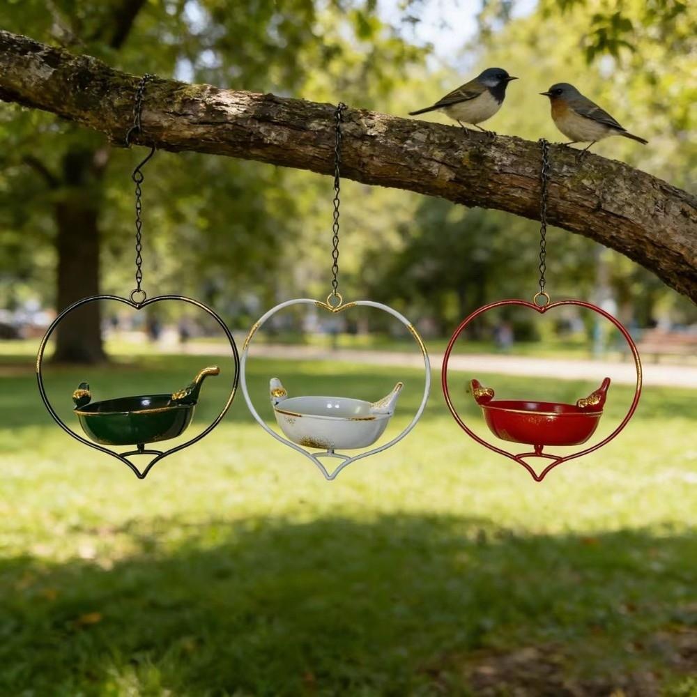 Practical Heart Shape Hanging Bird Feeder Iron Handcrafted Bird Bath Bowl Retro Bird Watching Wild Bird Feeder Garden Decoration
