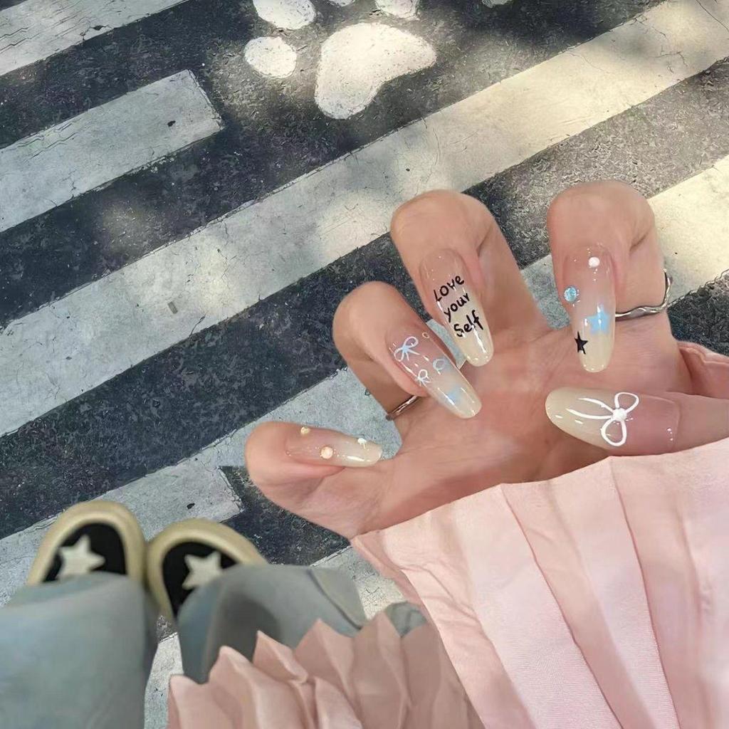 Blush French Cat Eye Princess Bow Nails - Handmade Wearable Nail Art