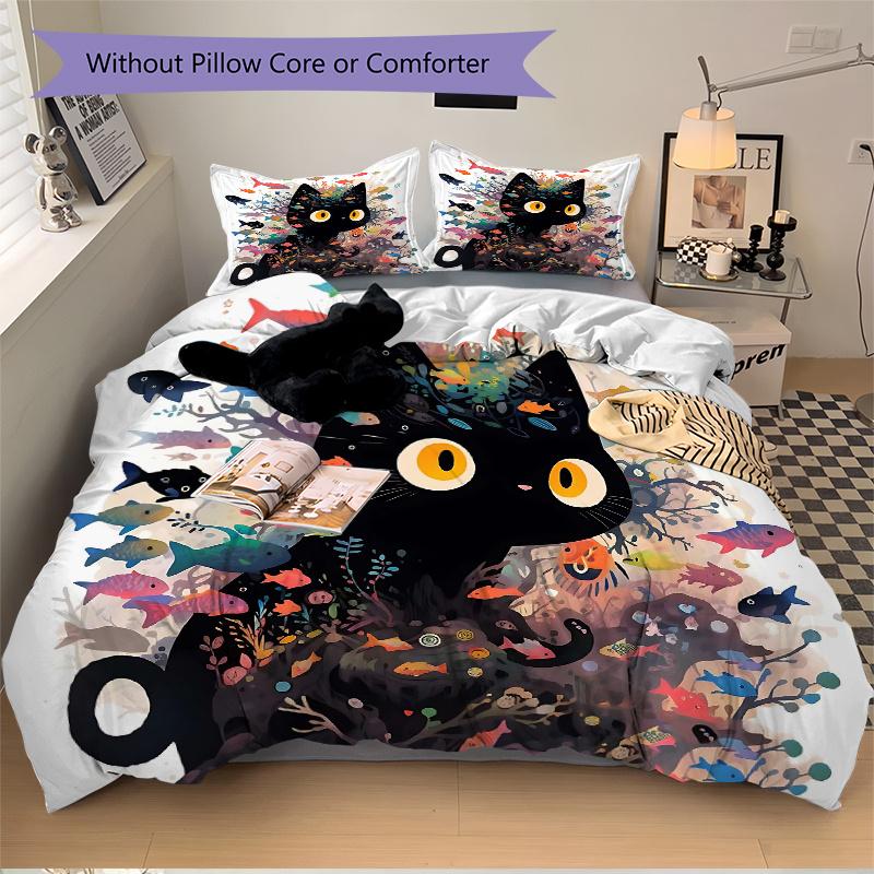 3pcs Colorful Fish & Kitten Printed Bedding Set, Soft and Comfortable Quilt Cover for Bedroom, Guest Room (1 Duvet Cover + 2 Pillowcases, Pi