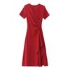 Elegant Red V-Neck Summer Dress for Women - Slim Fit, Waist-Cinching, Hepburn Style, Short-Sleeved