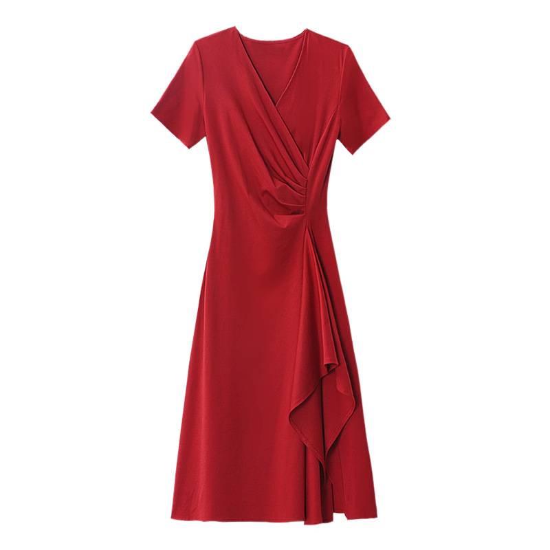 Elegant Red V-Neck Summer Dress for Women - Slim Fit, Waist-Cinching, Hepburn Style, Short-Sleeved