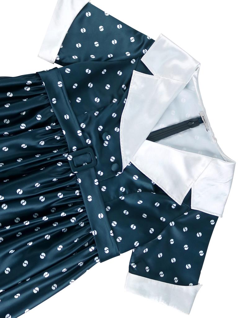 Vintage Turn-Down Collar A-Line Casual Dress for Women with Short Sleeve Print PatchworkHigh Waist Design Elegant Mid-Length Summer Outfit