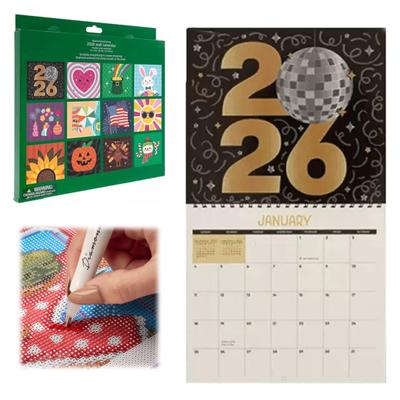 2026 Wall Calendar Rhinestone Painting Kit DIY Rhinestone Art Calendar with Gemstones Pen Tray 12-Month Flip Wall Hanging Calendar for Home Office