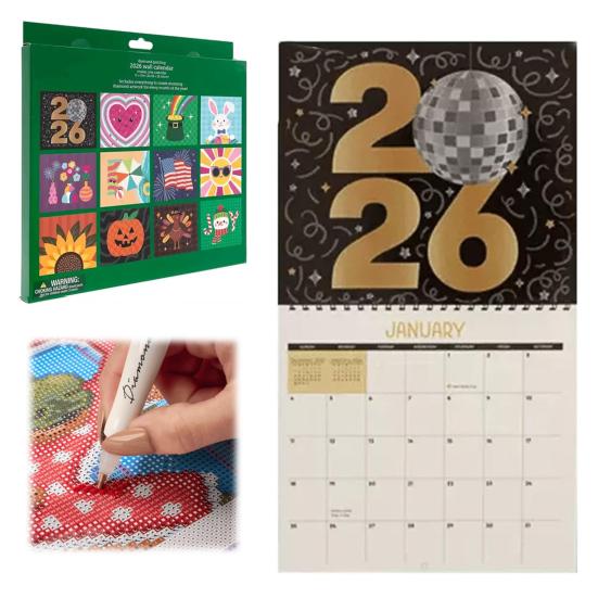 2026 Wall Calendar Rhinestone Painting Kit DIY Rhinestone Art Calendar with Gemstones Pen Tray 12-Month Flip Wall Hanging Calendar