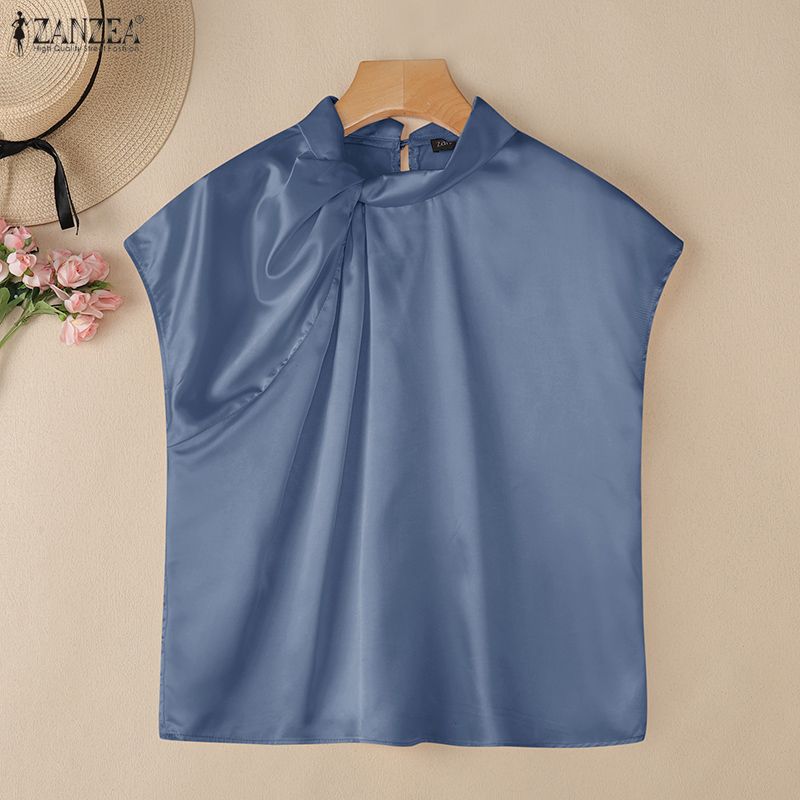 ZANZEA Elegant Women Casual Twisted Neck Sleeveless Satin Smooth Blouse