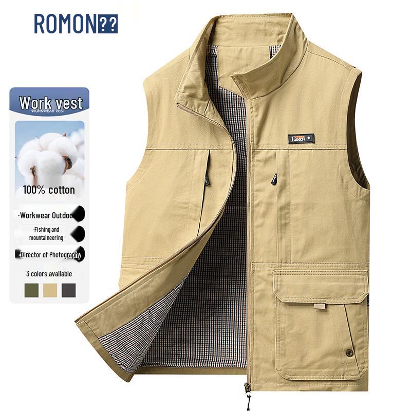Romon Men s Cotton Stand Collar Multi-Pocket Vest 2XL
