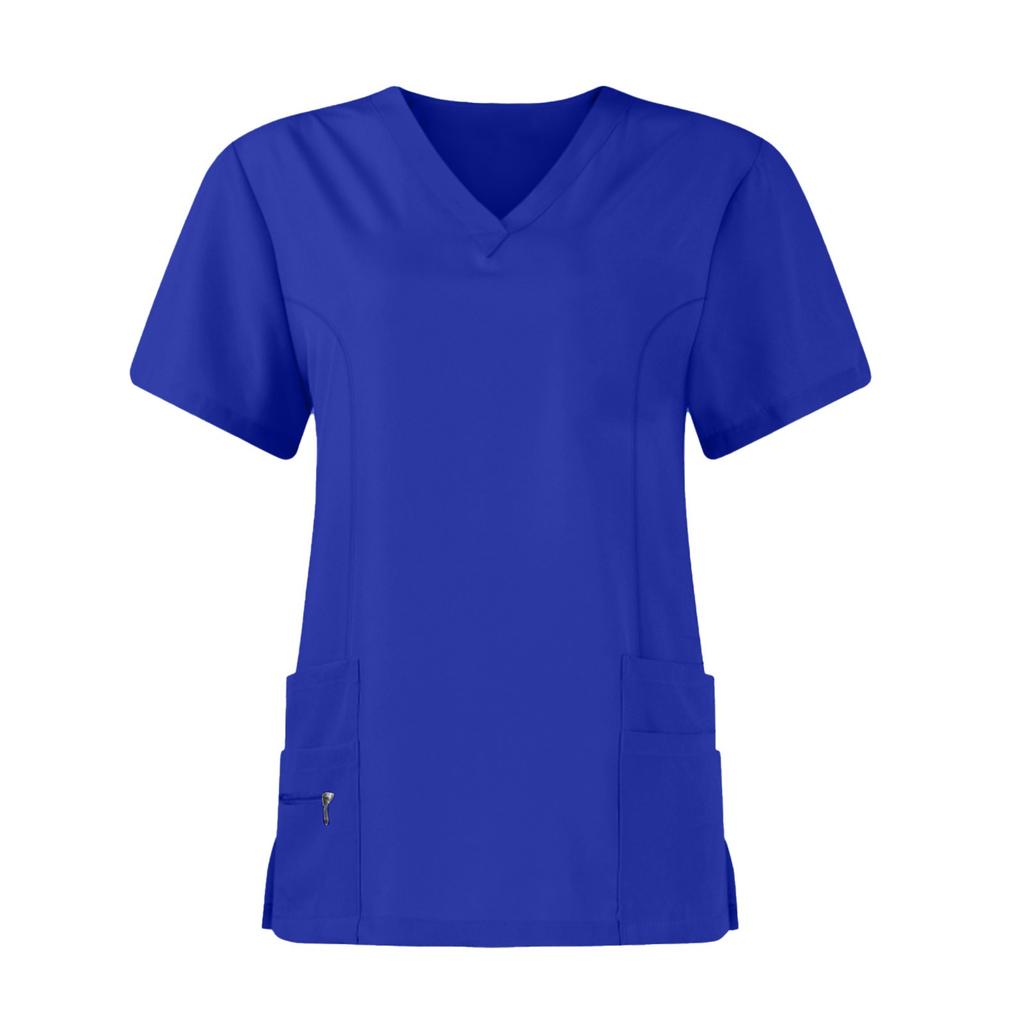 Conjunto de Dos Piezas para Mujer con Mangas Cortas, Color, Cuello en V, Bolsillo, Top y Pantalones, Ropa de Trabajo