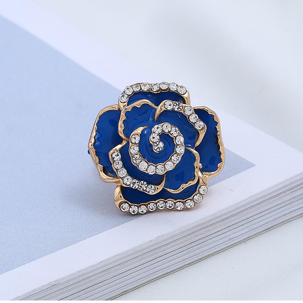 Adjustable Alloy Flower Ring with Drip Glaze & Rhinestones - European & American Creative Design for Women