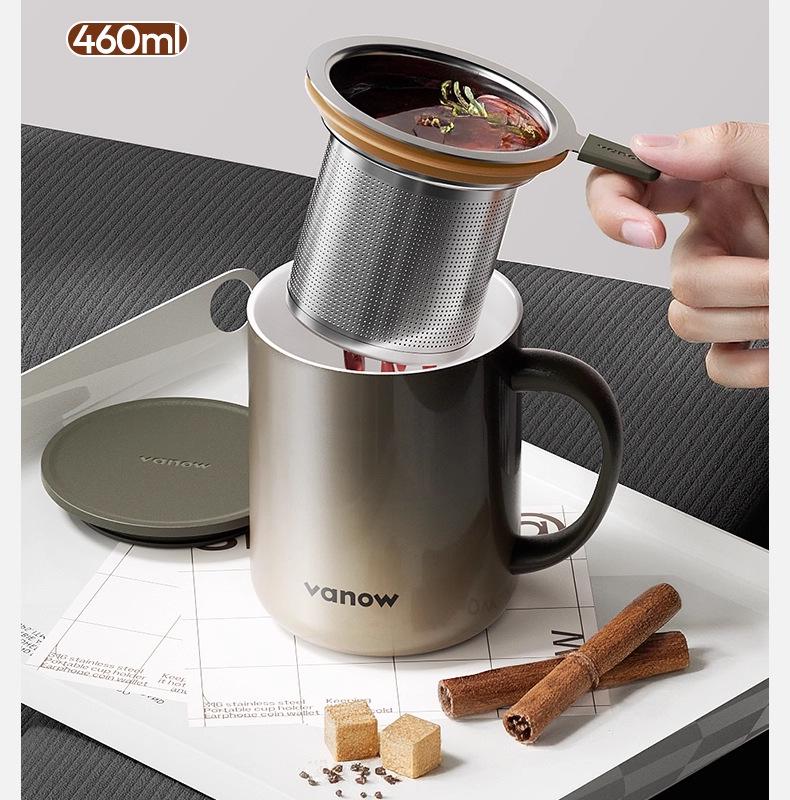 Vanow Insulated Mug with Lid: Stainless Steel Tea Infuser and Water Separation for Men and Women