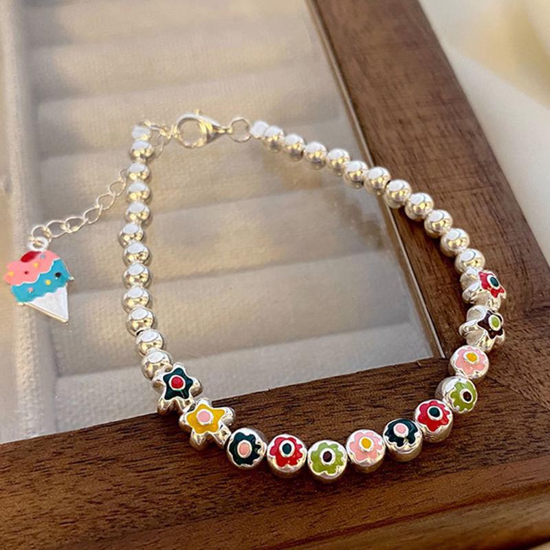 

Браслет-шарм в корейском стиле из стерлингового серебра 925 пробы с цветком и мороженым для женщин - Милые эмалевые радужные бусины, модная бижутерия