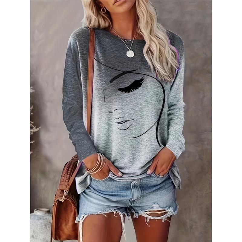 Fashionable Casual Face Digital Print Women s T-Shirt S