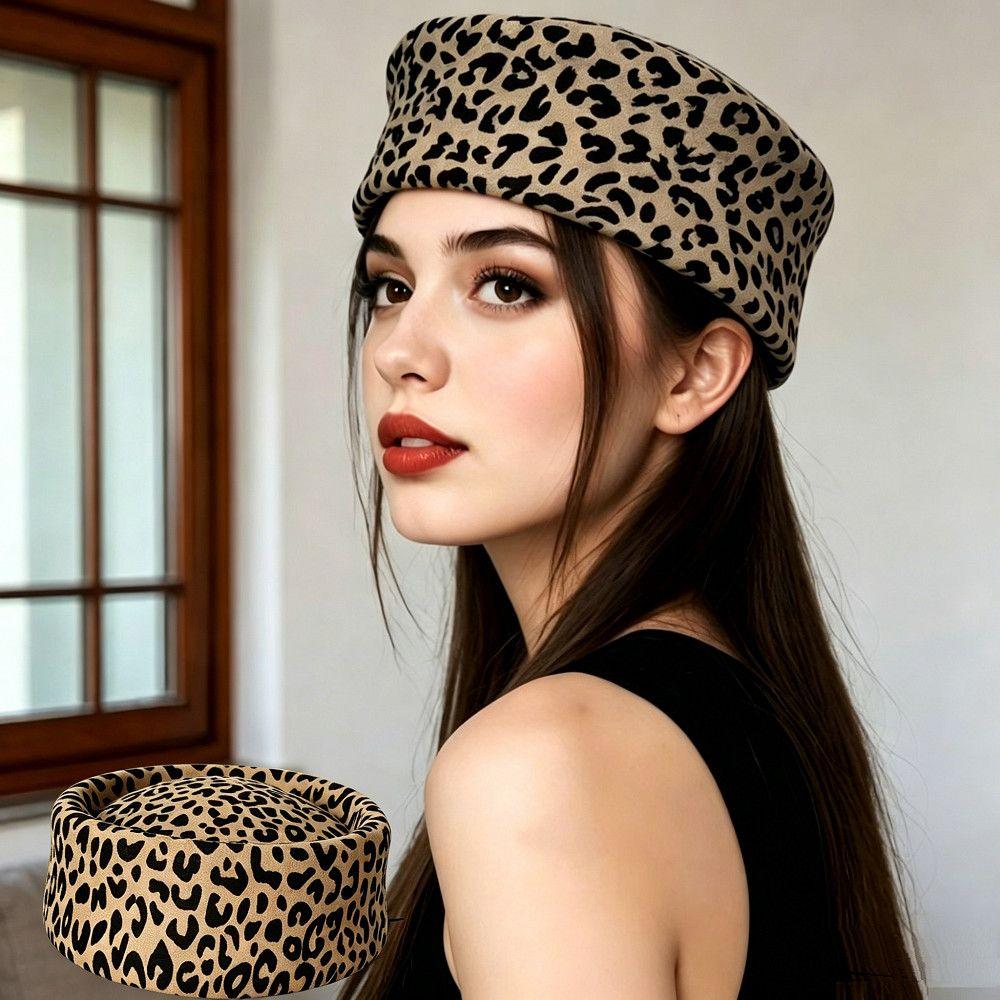 Women's Hat Fall and Winternew Arrivalwoolen Leopard Print Hat Women's Stewardess Beret Retro Hat