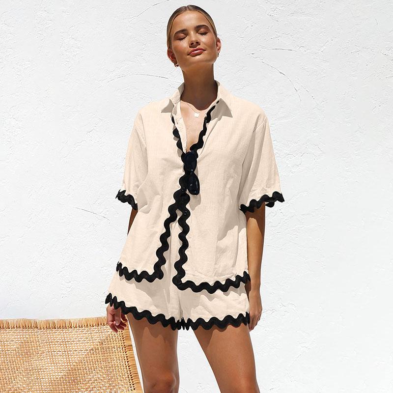 

Женский комплект шорт Свободная рубашка+Шорты на резинке Простой для работы и отдыха Комплект из 2 предметов Весна и Лето XL абрикосовый